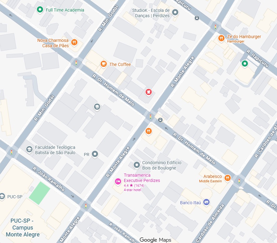 Mapa da região de Perdizes, próximo à PUC-SP, entre as ruas Monte Alegre, João Ramalho e Doutor Homem de Melo