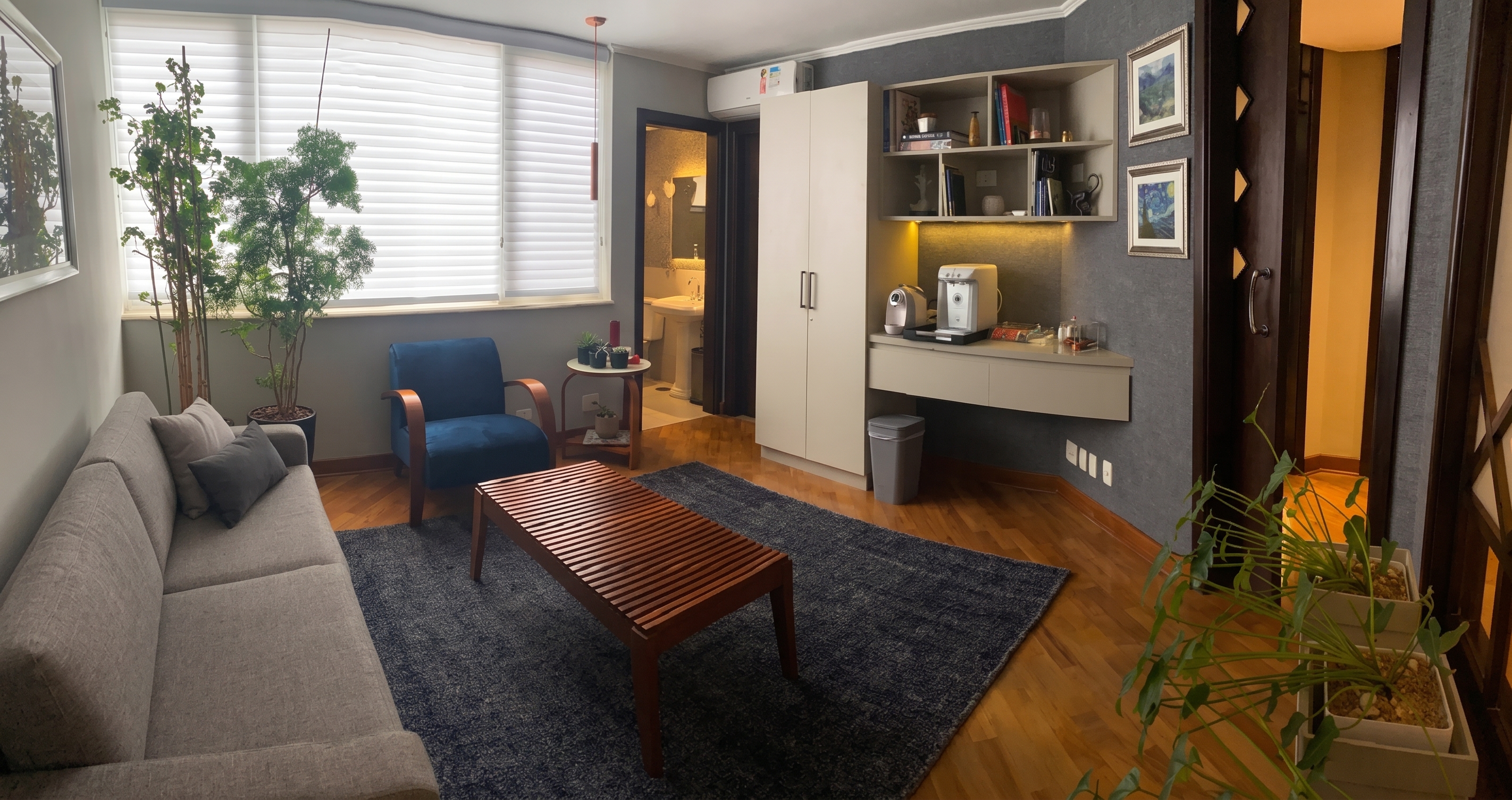 Sala de espera do local de atendimento, com sofá, poltrona e plantas
