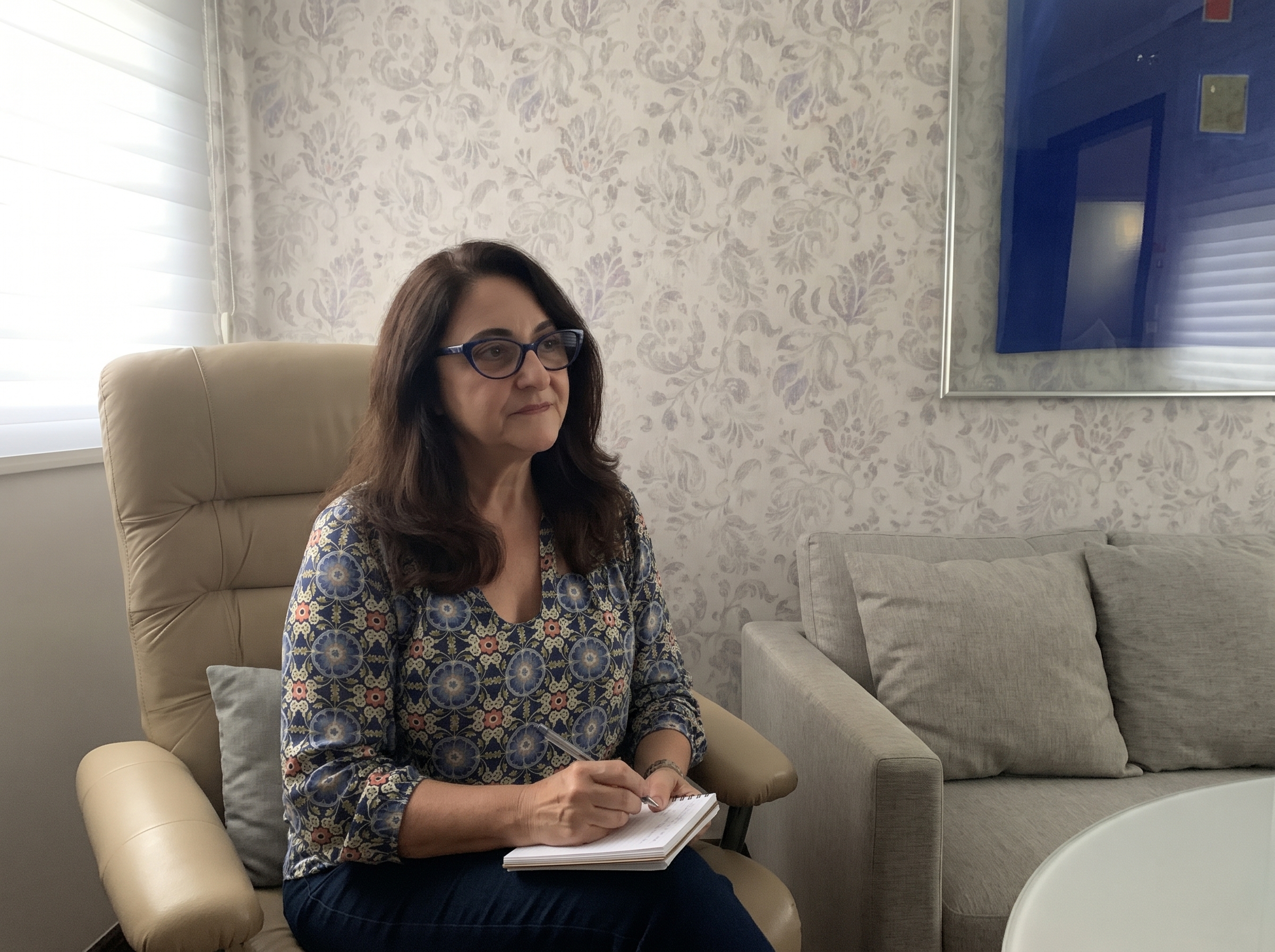 Rosangela Mormillo sentada, com um caderno nas mãos