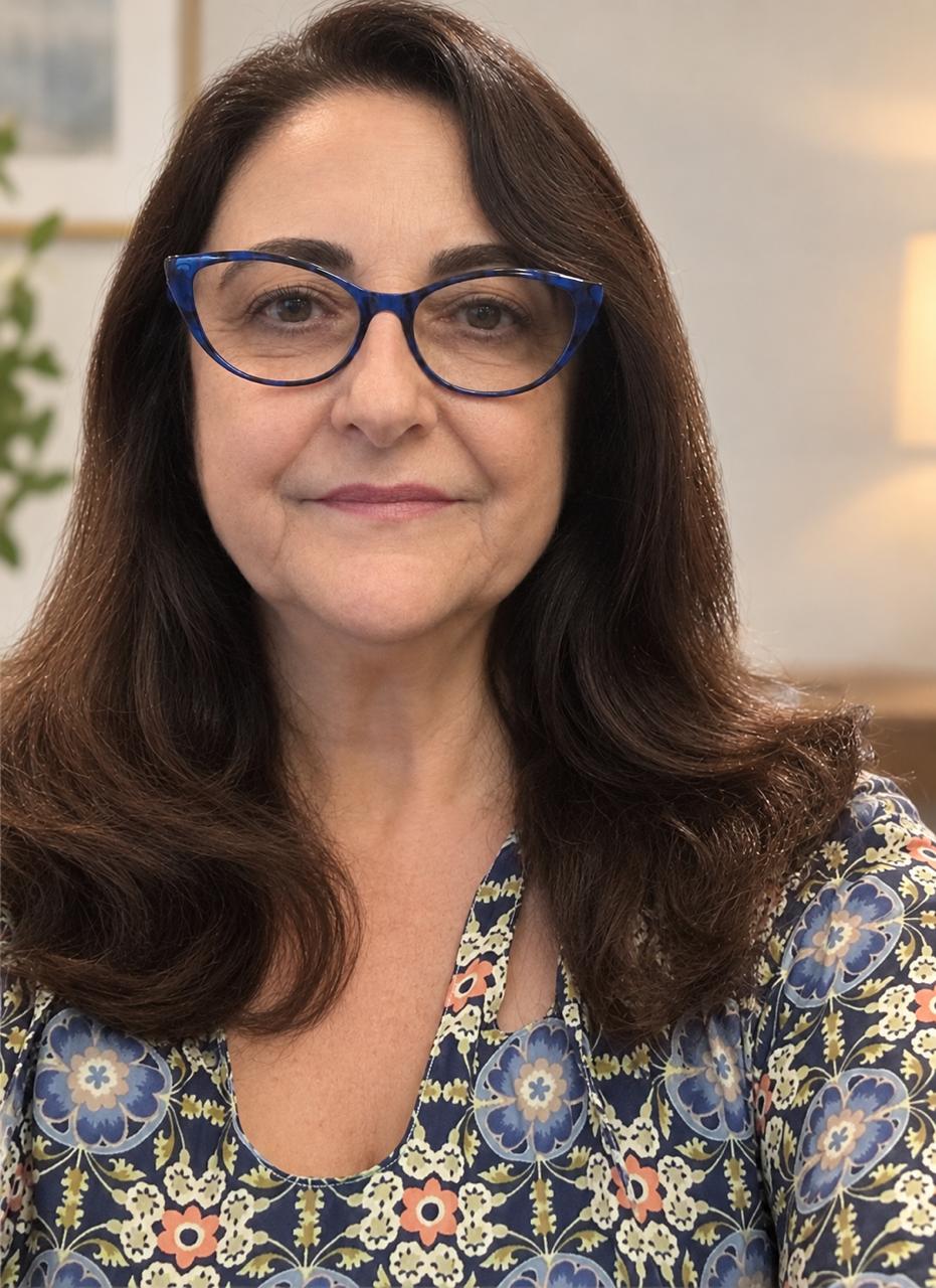 Retrato de Rosangela Mormillo usando óculos azuis
